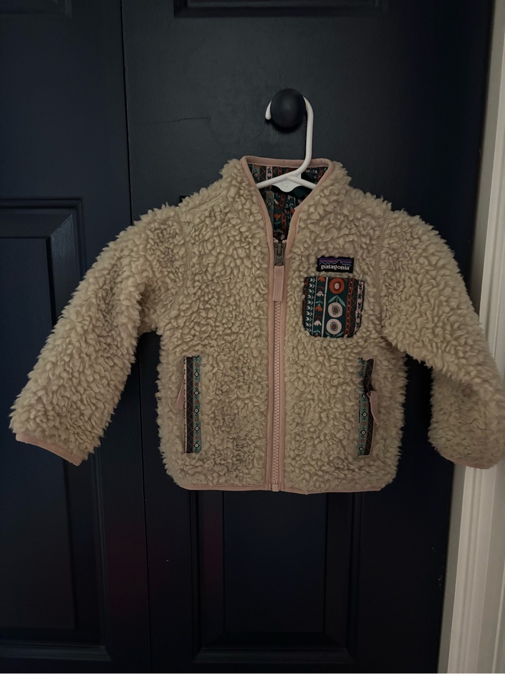 Patagonia Cream Sherpa Kids Jacket with Patterned Trim